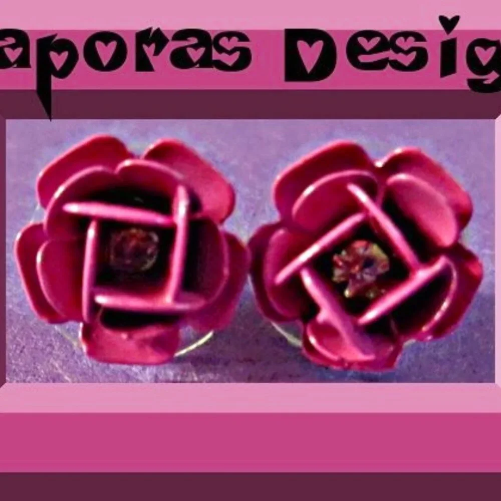 Pink Flower Floral Design Stud Earrings With Clear Crystal
